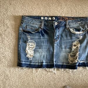 Distressed Denim Mini Skirt - Blue